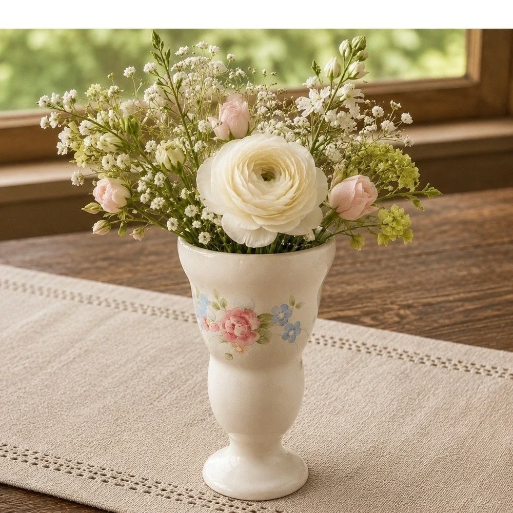 Pfaltzgraff Tea Rose Pedestal Vase Stoneware Floral Pink Blue Ivory 7.25 inch